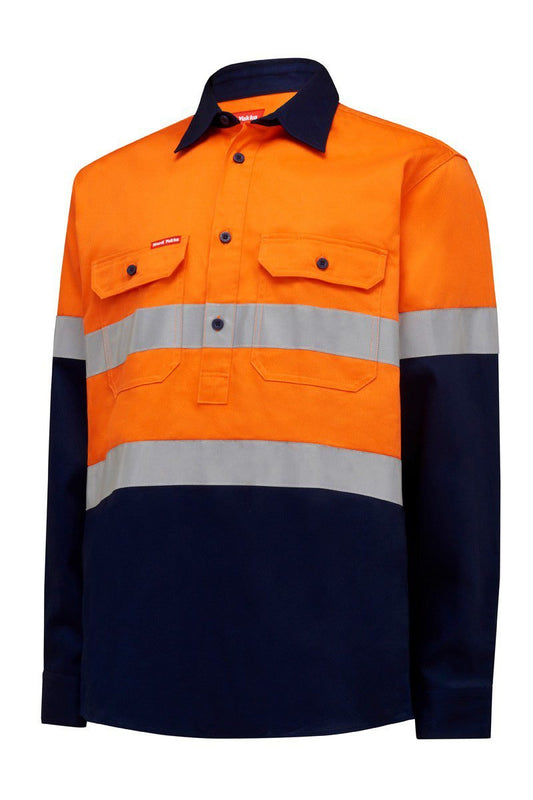 Hard Yakka Hi Vis L/Slv H/Weight Closed Front 2 Tone Cotton Drill Shirt W/Tape - Y04615