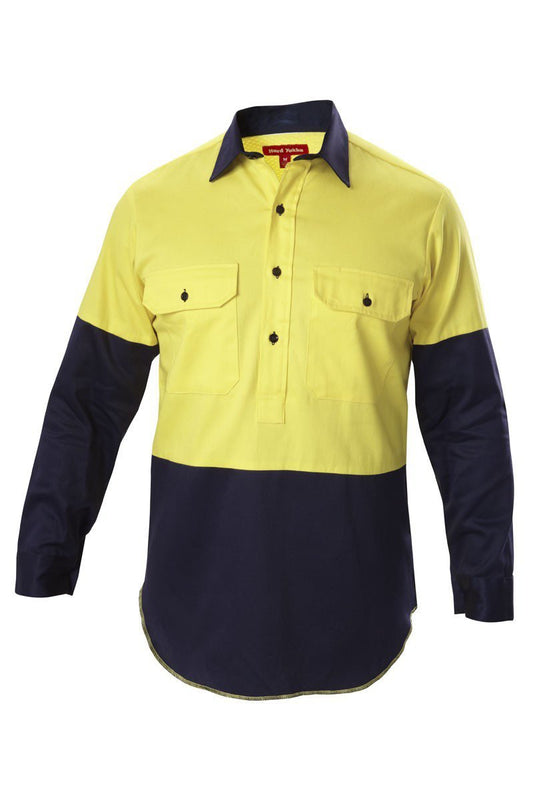 Hard Yakka Foundations Hi-Visibility Two Tone Closed Front Long Sleeve Cotton Drill Shirt With Gusset - Y07984