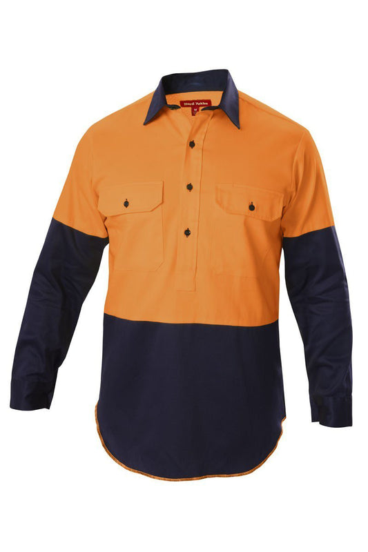 Hard Yakka Foundations Hi-Visibility Two Tone Closed Front Long Sleeve Cotton Drill Shirt With Gusset - Y07984 - Hard Yakka sold by Kings Workwear www.kingworkwear.com.au