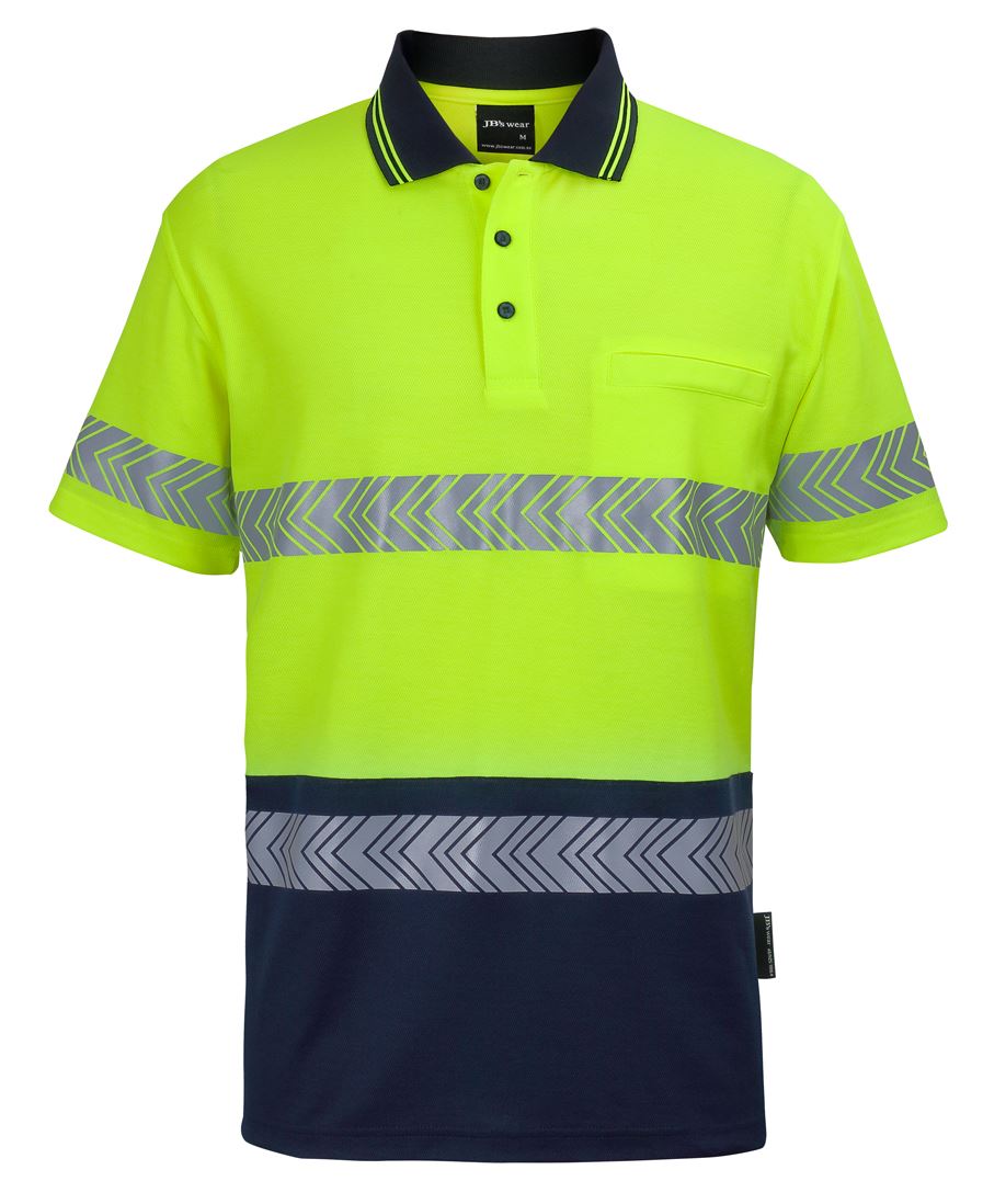 JB's Hi Vis (D+N) Cotton Back S/S Segmented Tape Polo Lime/Navy- 6HMSS